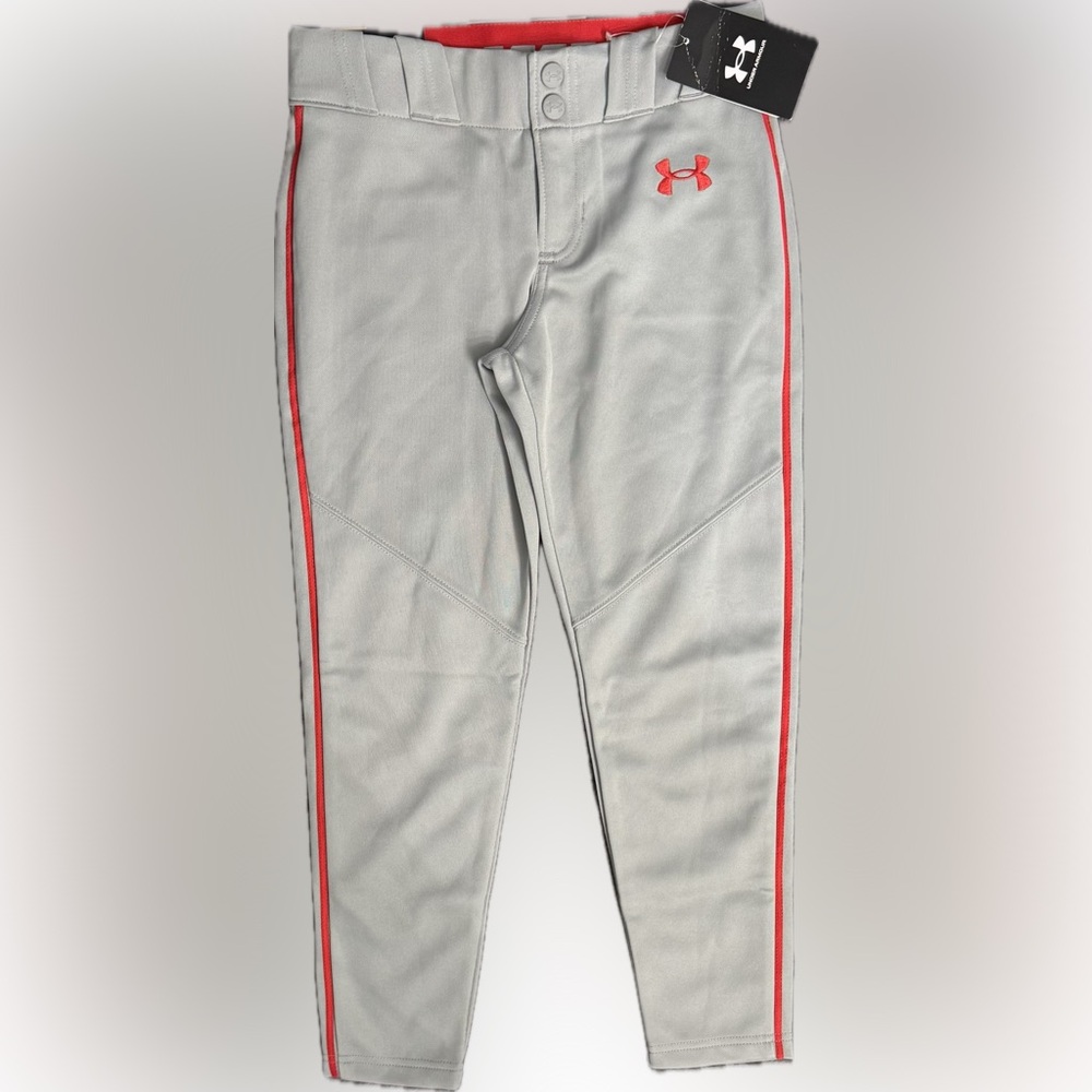 Under Armour Boys Baseball Pants. Gray with Red Pinstripe.